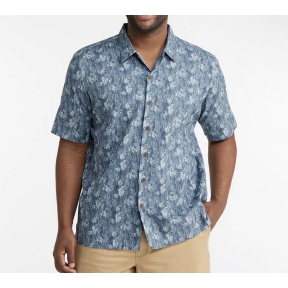 LL Bean Men's Tropics Short Sleeve Button Up Camp Shirt Storm Blue Leaves Sz 3XL